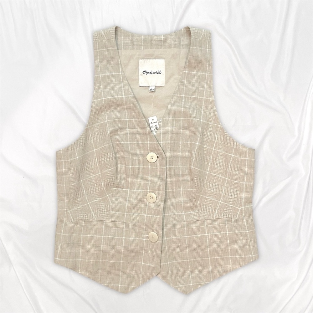 Madewell Linen Vest Top in Plaid • Sesame Maeve Glen Plaid • NWT